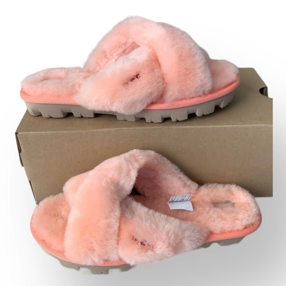 Ugg Fuzzette Beverly Pink Criss Cross Strap Fur Slippers Size 5 - Picture 8 of 12